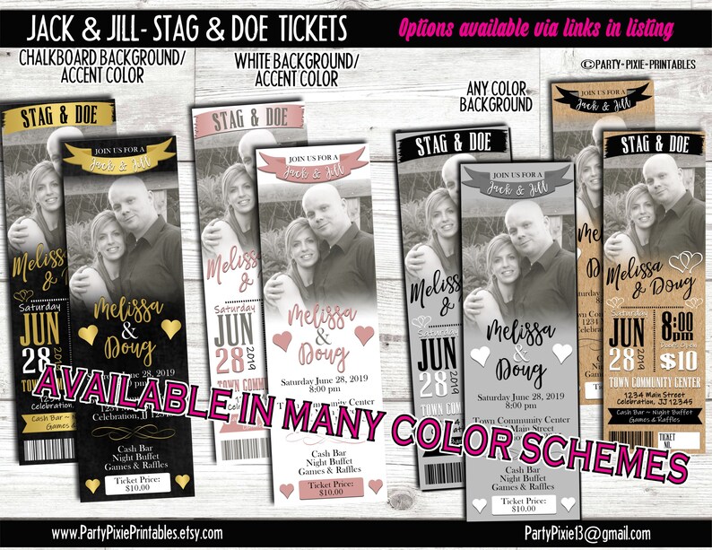 May include: Four printable ticket designs for a stag and doe party. The tickets feature a black and white photo of a couple, the text "Melissa & Doug", and the date "June 28, 2019". The tickets are available in three color schemes: black with gold accents, white with pink accents, and brown with white accents.