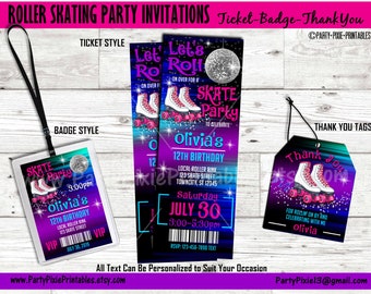 ROLLER SKATING Party Invitations - Ticket Style, Badge Style, Thank You Tags - Personalized and Printable Digital Files