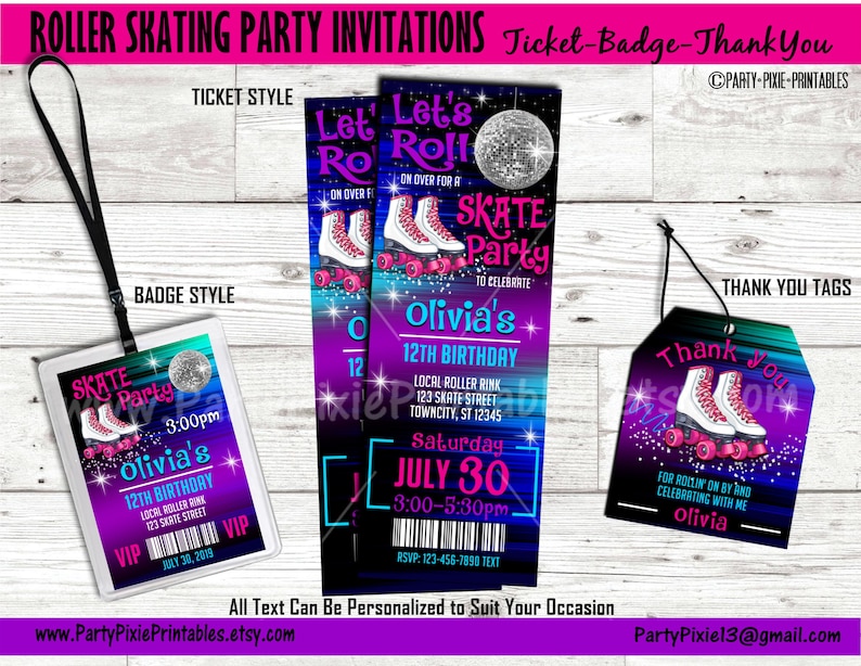 ROLLER SKATING Party Invitations Ticket Style Badge Style Etsy