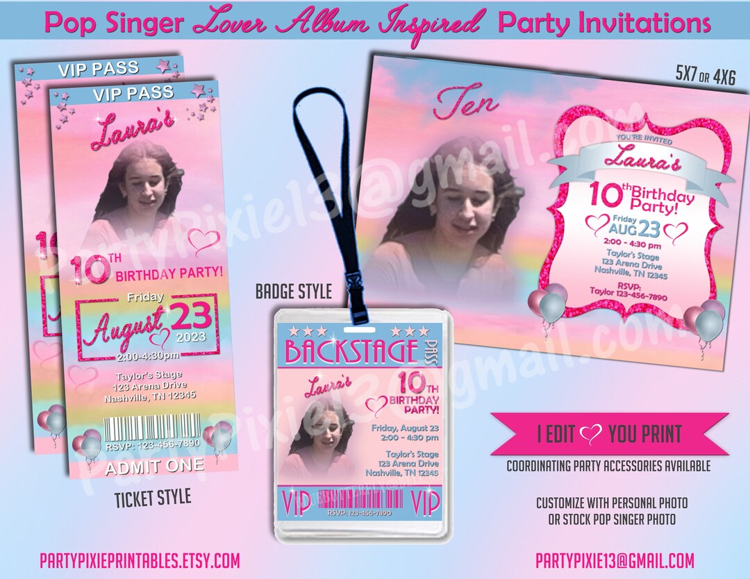 Pop Singer Taylor Lover Album Inspired Party Invitations - Personalized ...