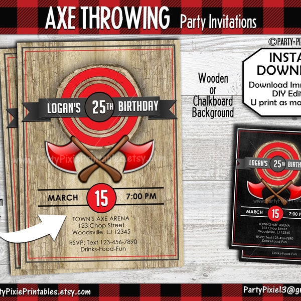 INSTANT DOWNLOAD Axe Throwing Party Invitation - 5x7 4x6 DIY Personalized and Printable pdf Digital Files - Birthday Night Out Work Bachelor