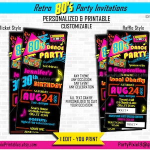 Retro 80er Jahre Tanz-Party-Einladung - Ticket-Stil - personalisierte & druckbare personalisierte digitale Datei - Fundraiser Charity Raffle Geburtstag