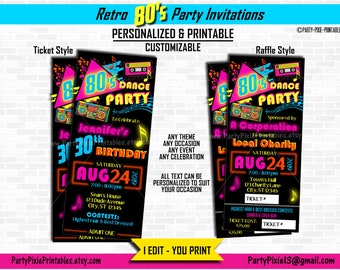Retro 80's Dance Party Invitation - Ticket Style - Personalized & Printable Customized Digital File - Fundraiser Charity Raffle Birthday