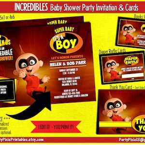 Incredibles Baby Shower Jack Jack Party Uitnodiging Luier Loterij Babyboek Bedankkaarten - Gepersonaliseerde en afdrukbare digitale bestanden