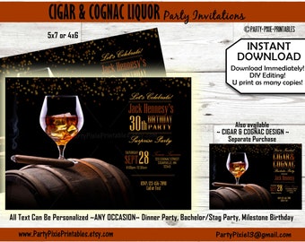 INSTANT DOWNLOAD Cigar and Cognac Adult Party Invitation-DIY Personalized Printable Pdf files 5x7 4x6 - Dinner Party Milestone Birthday