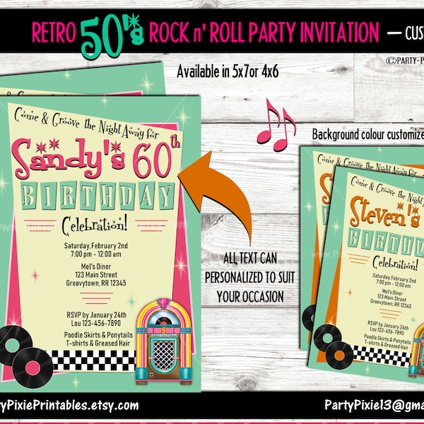 Retro 50's Vintage Rock and Roll Party Invitation - Personalized and Printable Digital Files