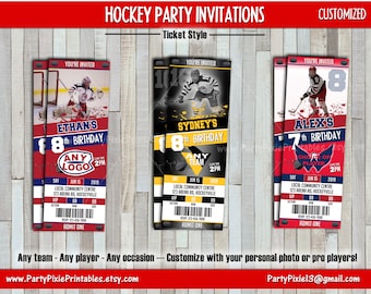 Hockey Sport Ticket Party Invitations - Personal or Stock photo choices - Any team or player - Personalized and Printable Digital Files