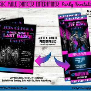 Magic Male Dancer Entertainer Mike Party Einladungen - 5x7 4x6 oder Ticket Stil druckbar und personalisiert. Jede Gelegenheit digitale Dateien.