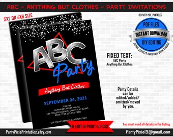 INSTANT DOWNLOAD-Anything But Clothes Party Invitation-Personalized & Printable pdf Digital Files - 5x7 or 4x6 - diy or editing services