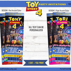 Toy Story 4 Geburtstagsparty Einladungen Ticket-Stil-personalisierte und druckbare digitale Dateien