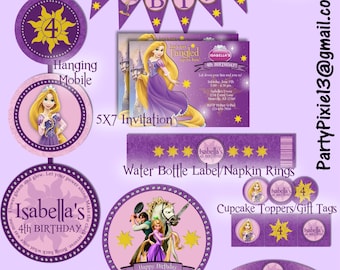 Disney Princess Rapunzel Tangled Party Package met uitnodiging - Afdrukbaar en aangepast met uw persoonlijke feestgegevens. Digitale bestanden.