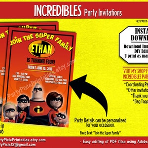 DESCARGA INSTANTE - Invitación a la fiesta de cumpleaños de Increíbles - Archivos Pdf digitales personalizados e imprimibles