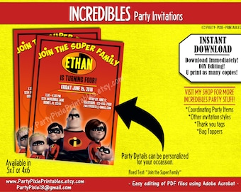 INSTANT DOWNLOAD - Incredibles Birthday Party Invitation - gepersonaliseerde en afdrukbare digitale PDF-bestanden