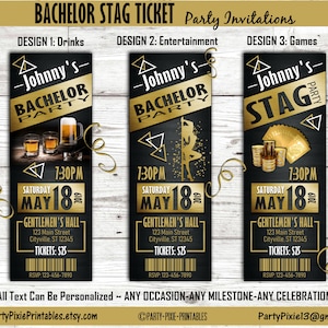 Bachelor Hirsch Party Einladung - Ticket-Stil personalisierte und druckbare digitale Dateien. Herren Abendessen Poker Bock Casino Bier