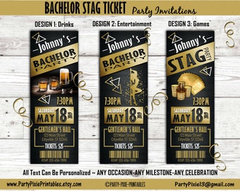 Bachelor Stag Party Invitation - Ticket Style Personalized and Printable Digital Files. Gentlemen's dinner strippers poker buck casino beers