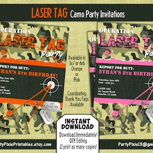 INSTANT DOWNLOAD Laser Tag Party Invitations - Orange or Pink Camo - 5x7 or 4x6 - Personalize and Printable - Digital Files