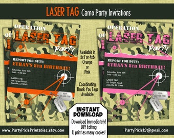 INSTANT DOWNLOAD Laser Tag Party Invitations - Orange or Pink Camo - 5x7 or 4x6 - Personalize and Printable - Digital Files
