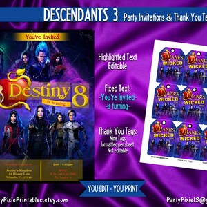INSTANT DOWNLOAD Descendants 3 Party Invitations 5x7 4x6 Invite Thank ...