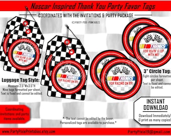 INSTANT DOWNLOAD Nascar Inspired Racing Thank You Party Favor Tags - Printable pdf digital files.