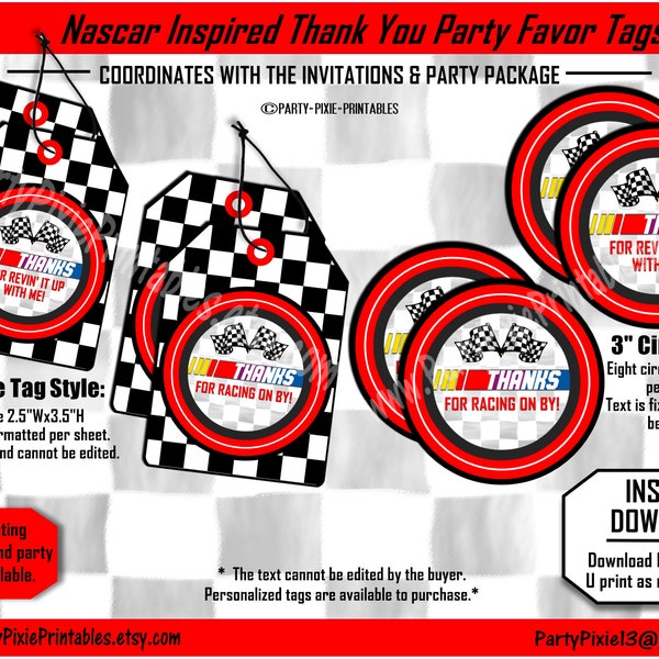 INSTANT DOWNLOAD Nascar Inspired Racing Thank You Party Favor Tags - Printable pdf digital files.