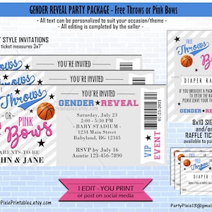 GENDER REVEAL Ticket Einladungen + Windel Raffle + Zeichen - Baby-Dusche Basketball Frei wirft rosa Bögen digitale Dateien personalisiert druckbare