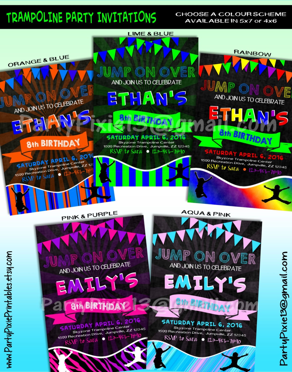 Lot De 12 Cartons D'invitation Pour Fête D'anniversaire Motif Trampoline