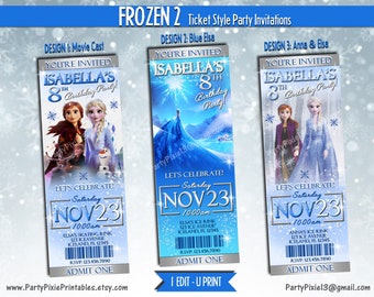 Frozen 2 Ticket Style Party Invitations Thank You Party Favor Tags- Personalized and Printable Digital Files - Frozen 2 Movie Elsa Anna