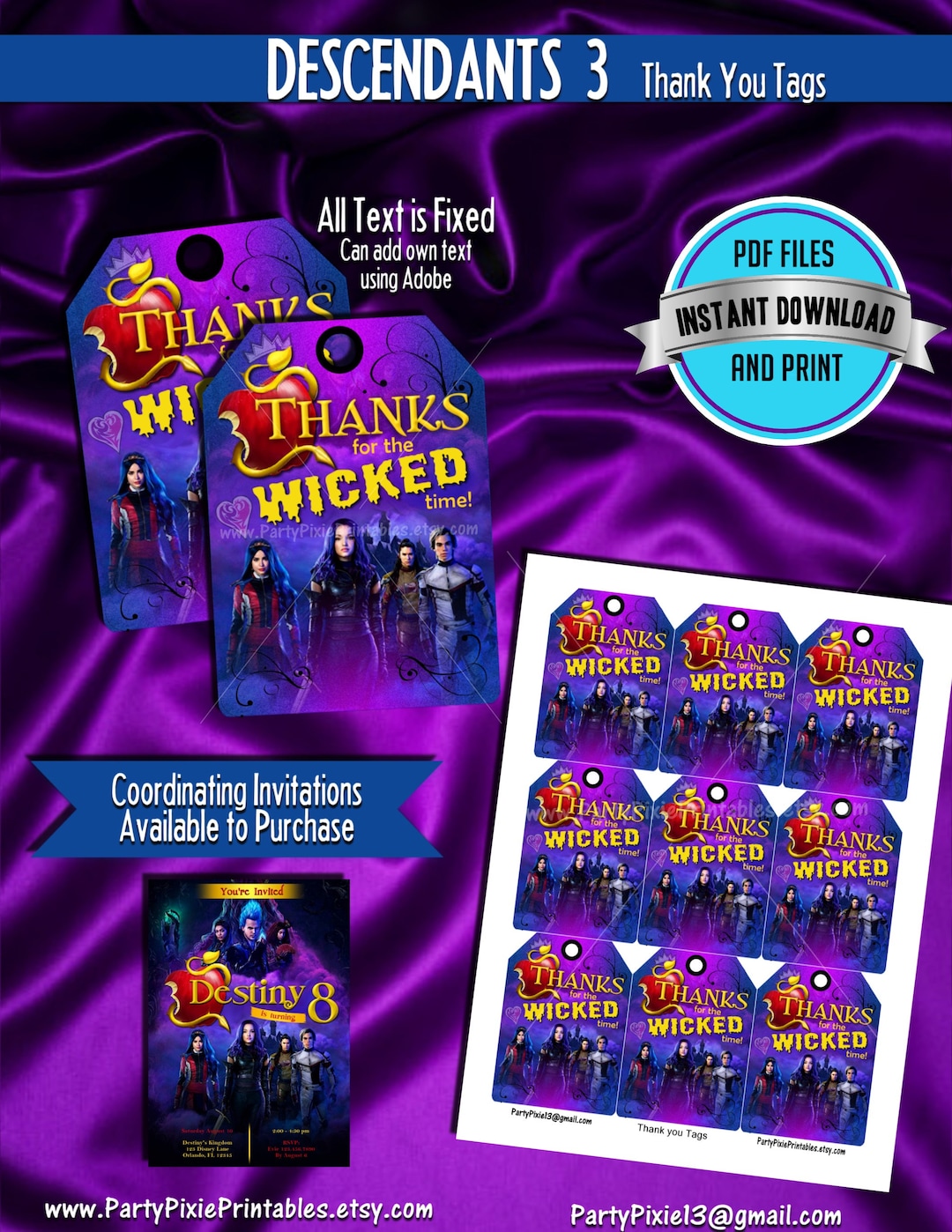 INSTANT DOWNLOAD Descendants 3 Party Favor Thank You Tags - Instant ...