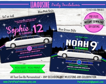 INSTANT DOWNLOAD Limo Party Invitation - 5x7 4x6 DIY Personalized Printable Digital Files. Birthday, Sweet 16, Bachelorette, Cruise Night