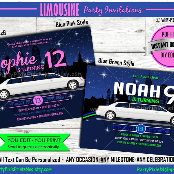 INSTANT DOWNLOAD Limo Party Invitation - 5x7 4x6 DIY Personalized Printable Digital Files. Birthday, Sweet 16, Bachelorette, Cruise Night
