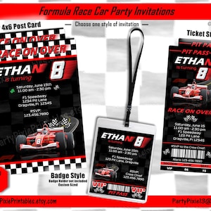 Rennwagen Formel 1 Indy Go Kart Party-Einladungen - 5x7, 4x6, Ticket-Stil, Abzeichen-Lanyard-Stil - personalisierte druckbare digitale Dateien