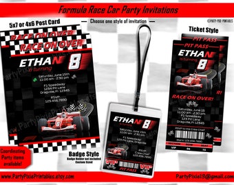 Race Car Formula One Indy Go Kart Party Invitations - 5x7, 4x6, Ticket Style, Badge Lanyard Style - Personalized Printable Digital Files