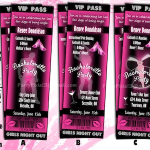 Bachelorette Party Ticket Stil Einladung - Printable und maßgeschneiderte mit Ihren Partei-Details. Ladies Night Out. Mädchen Wochenende. Abstreifer.