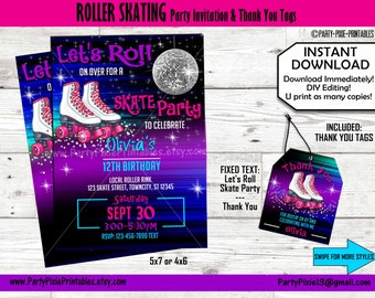 INSTANT DOWNLOAD Roller Skating Birthday Party Invitations and Thank You Tags - 5x7 4x6 Personalized Printable Digital Files