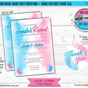 DESCARGA INSTANTE Género Revelar Invitaciones de fiesta de baby shower de humo y etiquetas de favor de fiesta de agradecimiento - Edición DIY de archivos digitales pdf