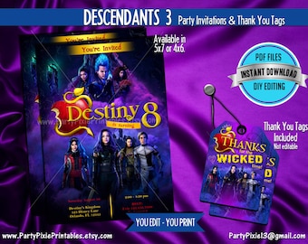 INSTANT DOWNLOAD Descendants 3 Party Invitations - 5x7 4x6 Invite + Thank You Tags - DIY Personalized and Printable pdf Digital Files