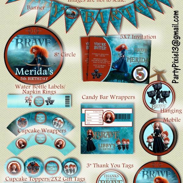 Disney Princesse Merida courageux Party Package avec Invitation - imprimable et sur mesure avec vos détails de partie personnelle. Fichiers numériques.