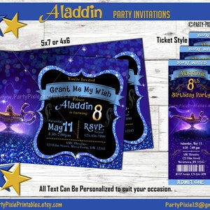 Film Aladdin Party-Einladung - personalisiert und druckbare 5 x 7 4 x 6 Ticket Stil digitale Datei Jasmin Genie Jafar