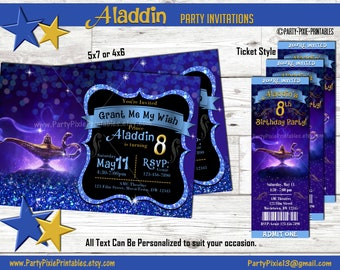 Movie Aladdin Party Invitation - Personalized and Printable 5x7 4x6 Ticket Style Digital File Jasmine Genie Jafar