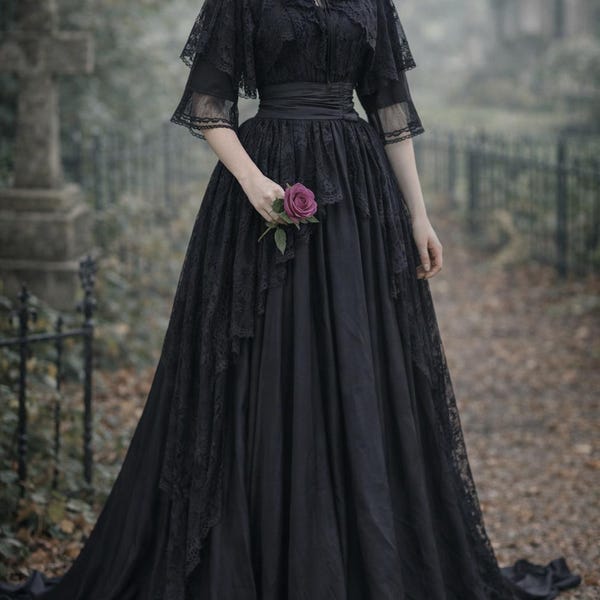 Black Late Victorian Edwardian 1890s 1900s Dark Romantic Gothic Premium Lace Wrapper Dress with Train, Formal Evening Gown Theater Clothing