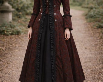 May include: A long, burgundy coat with a floral pattern and silver buttons. The coat has a high collar and ruffled trim, paired with a long black skirt. The outfit is a gothic or Victorian-inspired style.