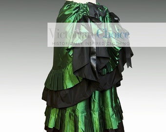 1890s 1900s Green Victorian Edwardian Christmas Holiday Festive Vintage Walking French Bustle Taffeta Skirt, Riding Habit Theater Clothing