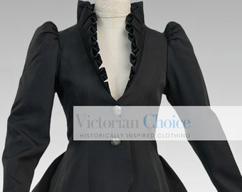 May include: A black, fitted, Victorian-inspired jacket with a ruffled collar and a peplum hem. The jacket has a single button closure and a V-neckline. The text "Victorian Choice Historically Inspired Clothing" is printed on the front of the jacket.