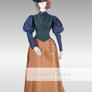 Victorian Edwardian 1890s 1900s 3PC Blue Blouse, Vest, Brown Skirt Suit Dress with Train, Vintage Downton Abbey Historical Theater Clothing