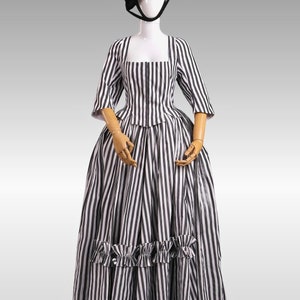 American Revolutionary War Colonial Gown, Georgian 1770s 1780s Black Stripe Cotton Dress, Countess Theater Clothing, Adult Halloween Costume