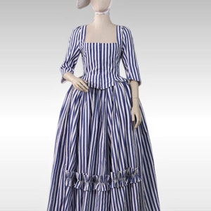 American Revolutionary War Colonial Gown, Georgian 1770s 1780s Blue Stripe Cotton Dress, Countess Theater Clothing, Adult Halloween Costume