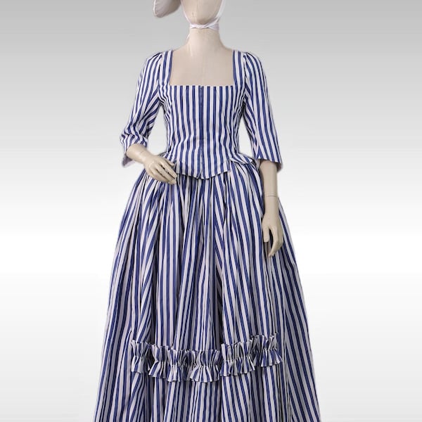 American Revolutionary War Colonial Dress, Georgian style 1770s 1780s Blue Stripe Ball Gown, Evil Countess Dark Queen Halloween Costume