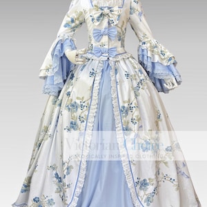 Vestido rococó de la reina María Antonieta de la época colonial georgiana del siglo XVIII, vestido de princesa de cuento de hadas floral renacentista antiguo, disfraz de Halloween