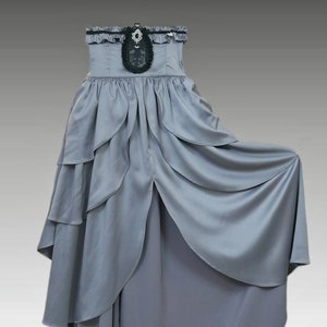 Gray Gothic Victorian Edwardian Vintage High-Waisted Skirt Layered Ruffle Hem, Steampunk Punk Skirt, Gothic Murder Mystery Theater Clothing