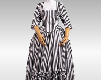 American Revolutionary War Colonial Gown, Georgian 1770s 1780s Black Stripe Cotton Dress, Countess Theater Clothing, Adult Halloween Costume